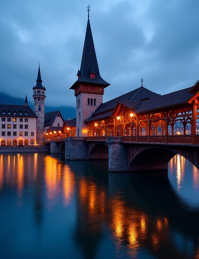 The historic Chapel Bridge in Lucerne at dusk.