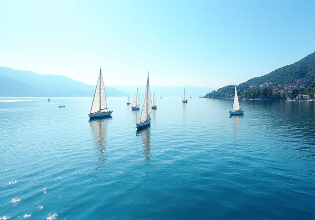 Sailboats on the clear blue waters of Lake Geneva.