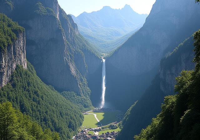 A view of the Lauterbrunnen valley with its iconic waterfall.