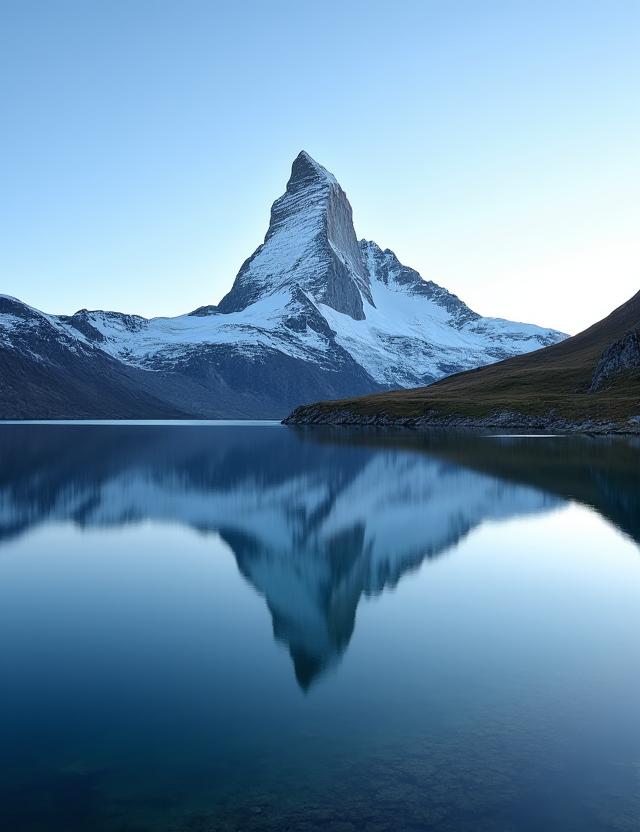 The Matterhorn mountain reflected in the still waters of Riffelsee lake.
