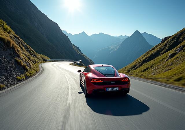 A sports car navigating a hairpin turn on the famous Furka Pass.