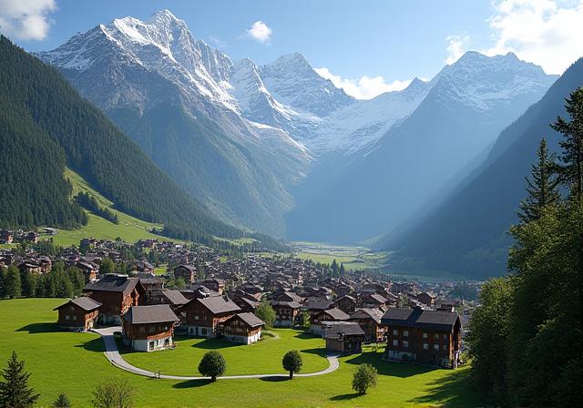 The idyllic village of Grindelwald with mountains in the background.