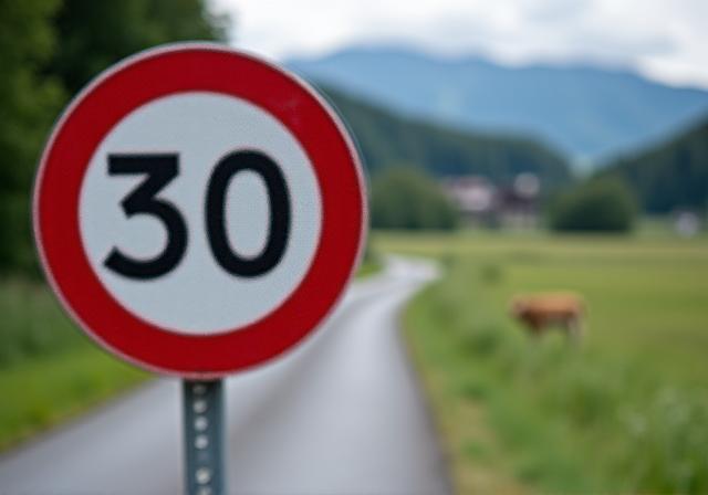 A Swiss speed limit sign on a country road.